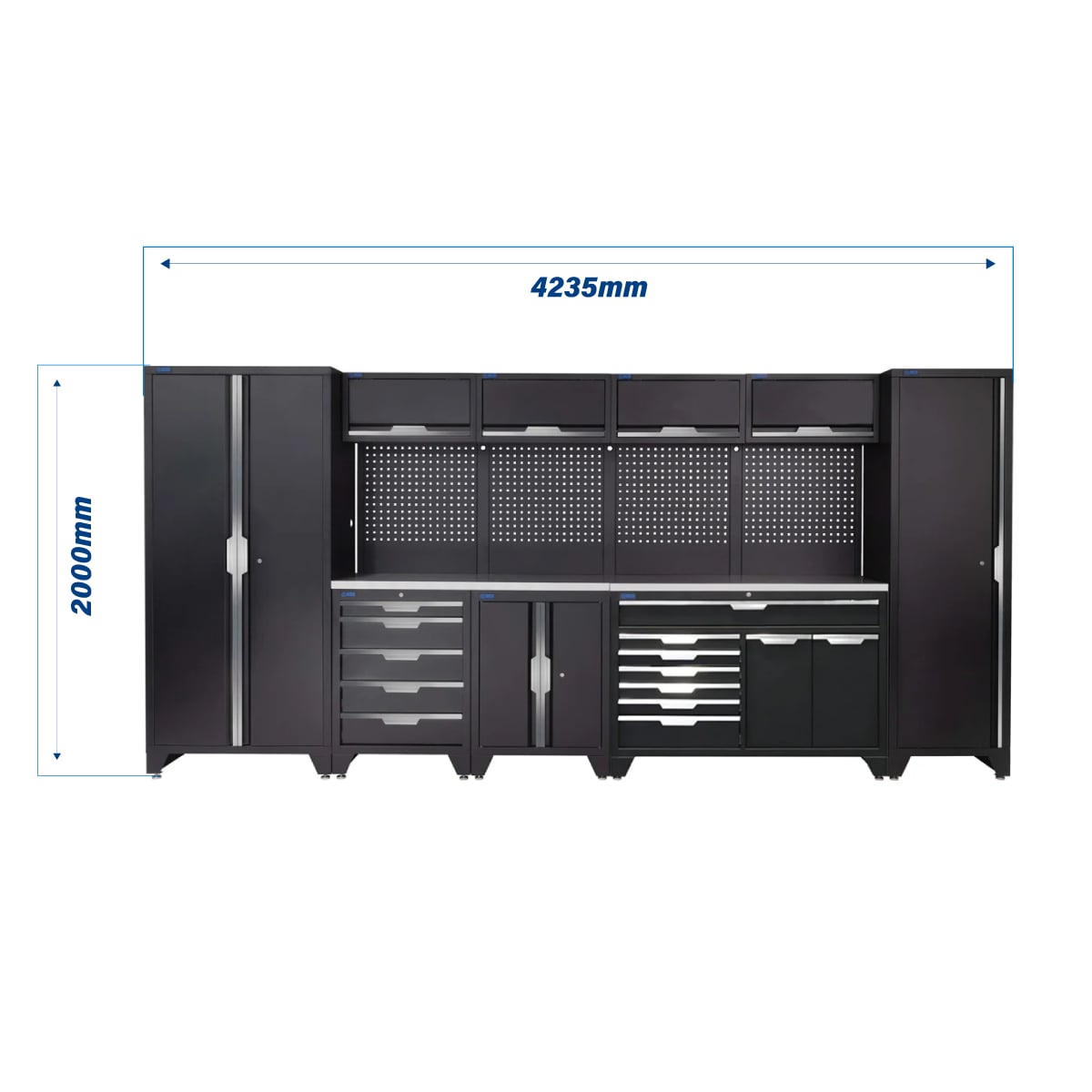 SGS 14pc Modular Garage Storage | 12 Drawers | Stainless Steel Worktop | Floor Cabinet | Tall Single & Double Cabinets